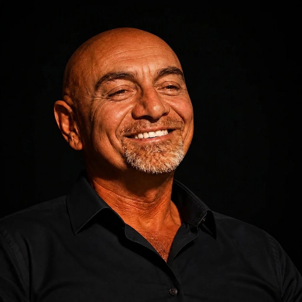 Vincenzo Pepe sorride in camicia scura, in chiaroscuro su fondo nero, lo sguardo rivolto verso il testo.