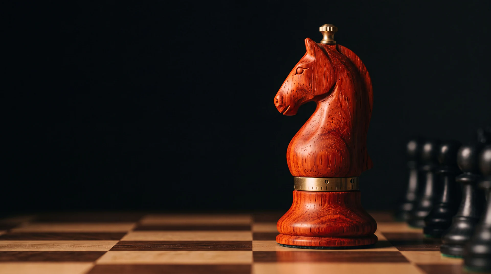 Un macinapepe in legno di padauk rosso, tornito nella forma di un cavallo degli scacchi, in piedi sulla destra di una scacchiera e rivolto verso il buio alla sua sinistra.